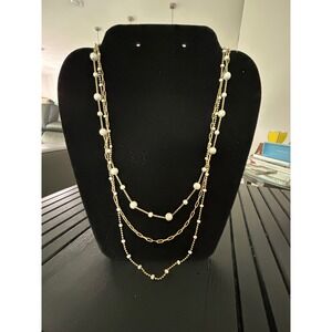 Gold Tone Multi Strand Layered Pearl Station Necklace Women Adjustable Length